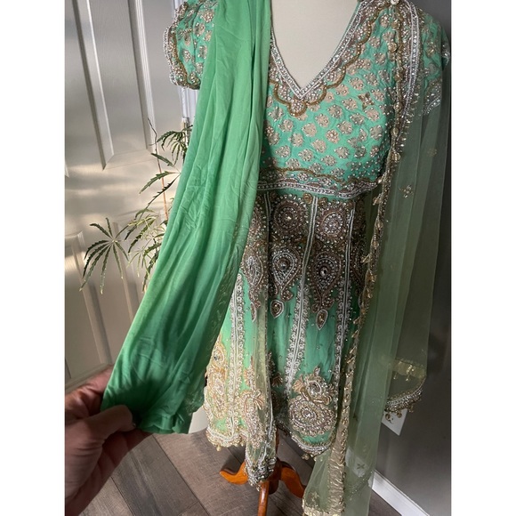 Mint green short anarkali with collar and open back - Picture 3 of 5